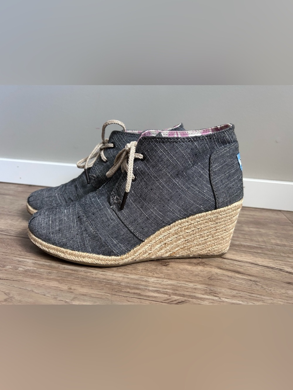 TOMS Desert Wedge booties black chambray material classic espadrille heel